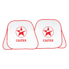 Two white Promotional Foldable Car Sun Shades with red trim, logo, and star symbol.