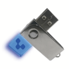 A silver Light Up USB Memory Key with a glowing blue cap and pixelated design.