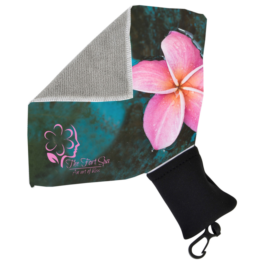 Personalised Carry Towels in Pouch with pink flower design and black carrying case.
