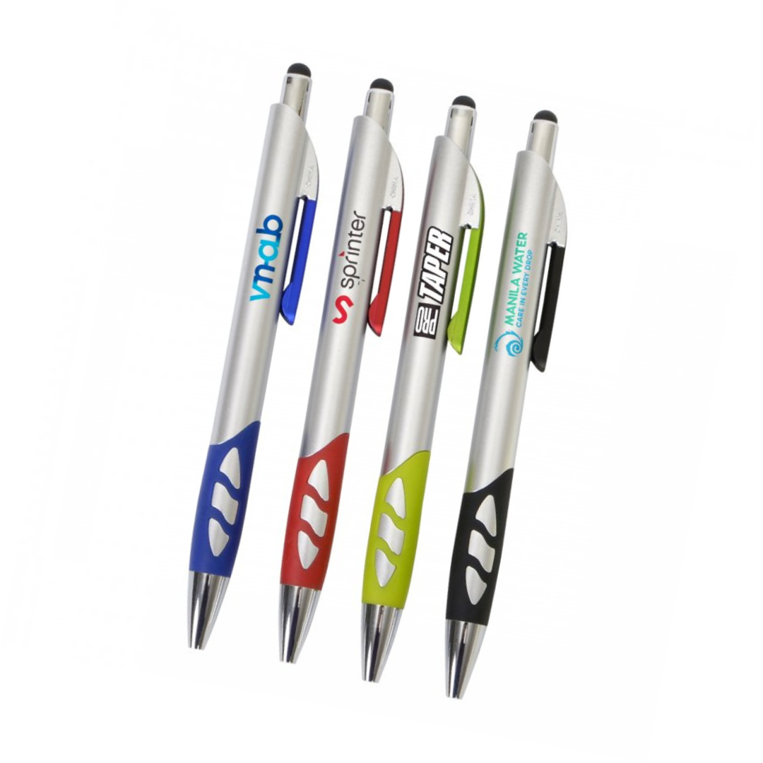 Four The Alpes Tech Pen Branded with colored grips and logos, arranged side by side.