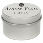Small silver tin Venus Logo Decorated Candle, Athens Plaza Hotel label, black logo on lid.