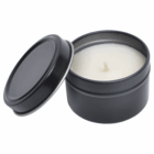 Venus Logo Decorated Candle in a black tin with the lid off and set to the side.