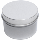 Venus Logo Decorated Candle in round silver tin with lid, displayed on white background.