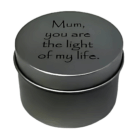 A Venus Logo Decorated Candle in a silver tin engraved with Mum, you are the light of my life.