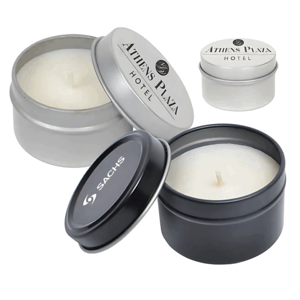 Venus Logo Decorated Candle tins in black or silver add a stylish, branded accent.