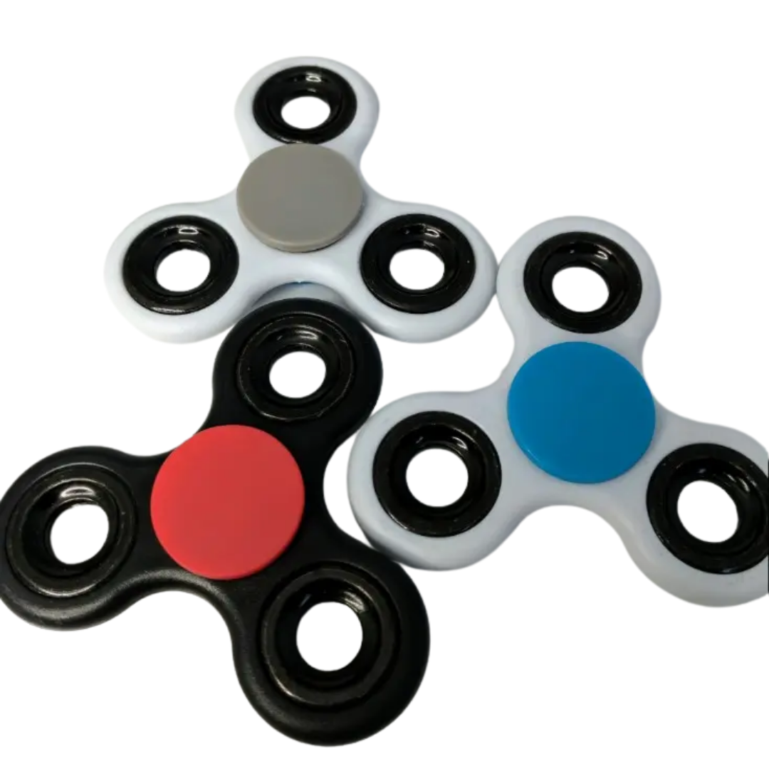 Three Premium Promotional Fidget Spinners (ceramic) with black, gray, and blue centers displayed.