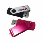 Two 4GB Fast Branded Swivel USB Drives, black/silver and red, on a white background.