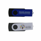 Two 4GB Fast Branded Swivel USB drives, blue and white, on a plain white background.