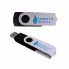 Two 4GB Fast Branded Swivel USB Drives with Solomon Water logo and blue water drop graphic.