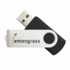A black and white 4GB Fast Branded Swivel USB drive with lemongrass and an ant graphic.