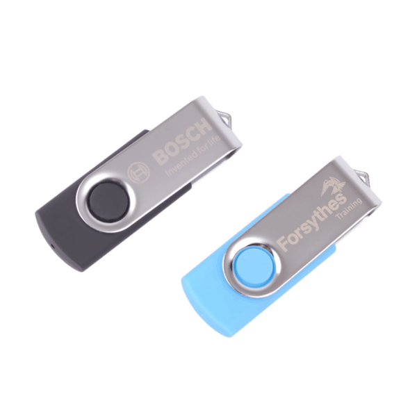 Two 4GB Fast Branded Swivel USB Drives: one BOSCH (black), one Forsythes Training (blue).