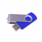 A blue and silver 4GB Fast Branded Swivel USB Drive with its metal cover partially rotated.