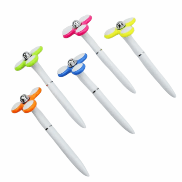 Five Bulk Personalised Fidget Spinner Pens with propeller tops in green, pink, yellow, orange, blue.