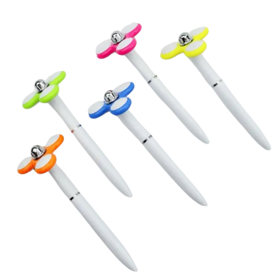 Five Bulk Personalised Fidget Spinner Pens with propeller tops in green, pink, yellow, orange, blue.