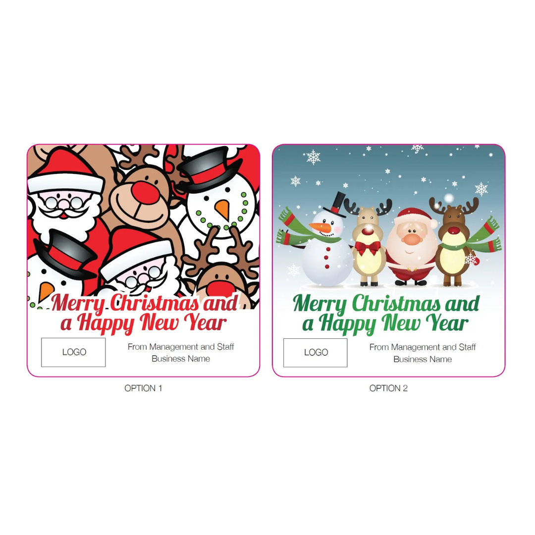 Set includes two Christmas cards with cartoons and matching Promotional Cardboard Coasters.