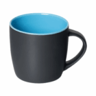 A Brighton Matte Promotional Mug in black with a bright blue interior, shown at an angle.
