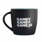 Black Brighton Matte Promotional Mug with GAMEY GAMEY GAME and a game controller in white.