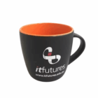 Black Brighton Matte Promotional Mug with orange interior and itfutures logo—great for promos.