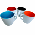 Four Brighton Matte Promotional Mugs with blue, red, black, and orange interiors.