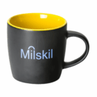Black Brighton Matte Promotional Mug with yellow interior and Milskil in white on the side.