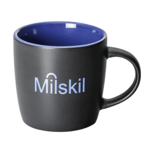 Brighton Matte Promotional Mug with blue interior and Milskil logo—great for promotions.