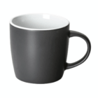 A plain black Brighton Matte Promotional Mug with a handle, viewed from an angle.