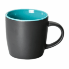 Brighton Matte Promotional Mugs—stylish black mugs with turquoise interior for promotions.