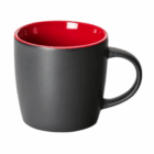 A Brighton Matte Promotional Mug in black with red interior and handle on a white background.