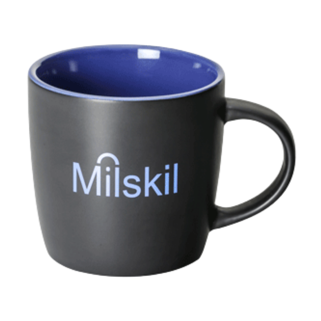Brighton Matte Promotional Mug with blue interior and Milskil logo—great for promotions.