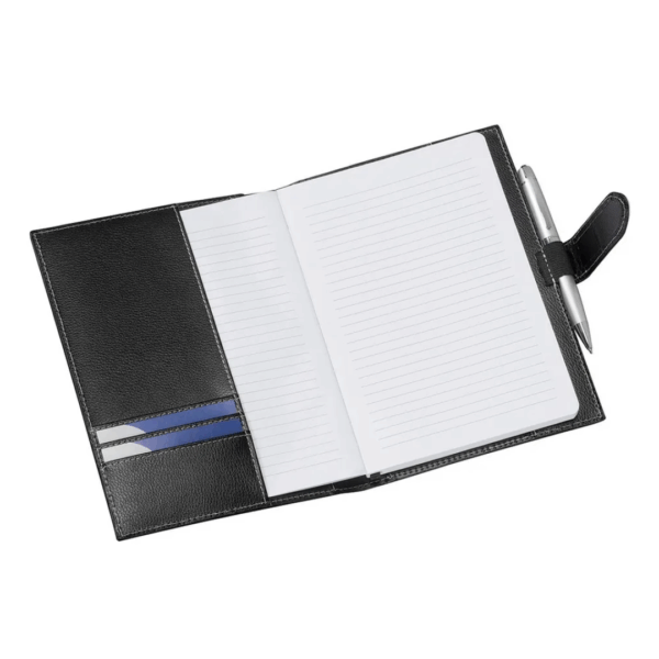 Open Rome Promotional Journal Book, black leather, lined pages, 2 cards, silver pen attached.