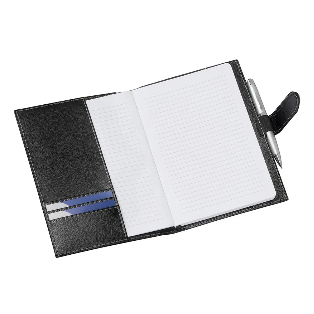 Open Rome Promotional Journal Book, black leather, lined pages, 2 cards, silver pen attached.