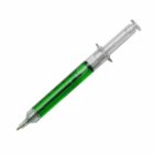 Logo Printed Novelty Syringe Pen with green ink, shaped like a syringe, on white background.