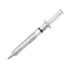 Logo Printed Novelty Syringe Pens—clear, with markings, ideal for custom branding.