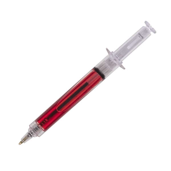 Logo Printed Novelty Syringe Pen with red ink, isolated on a white background.