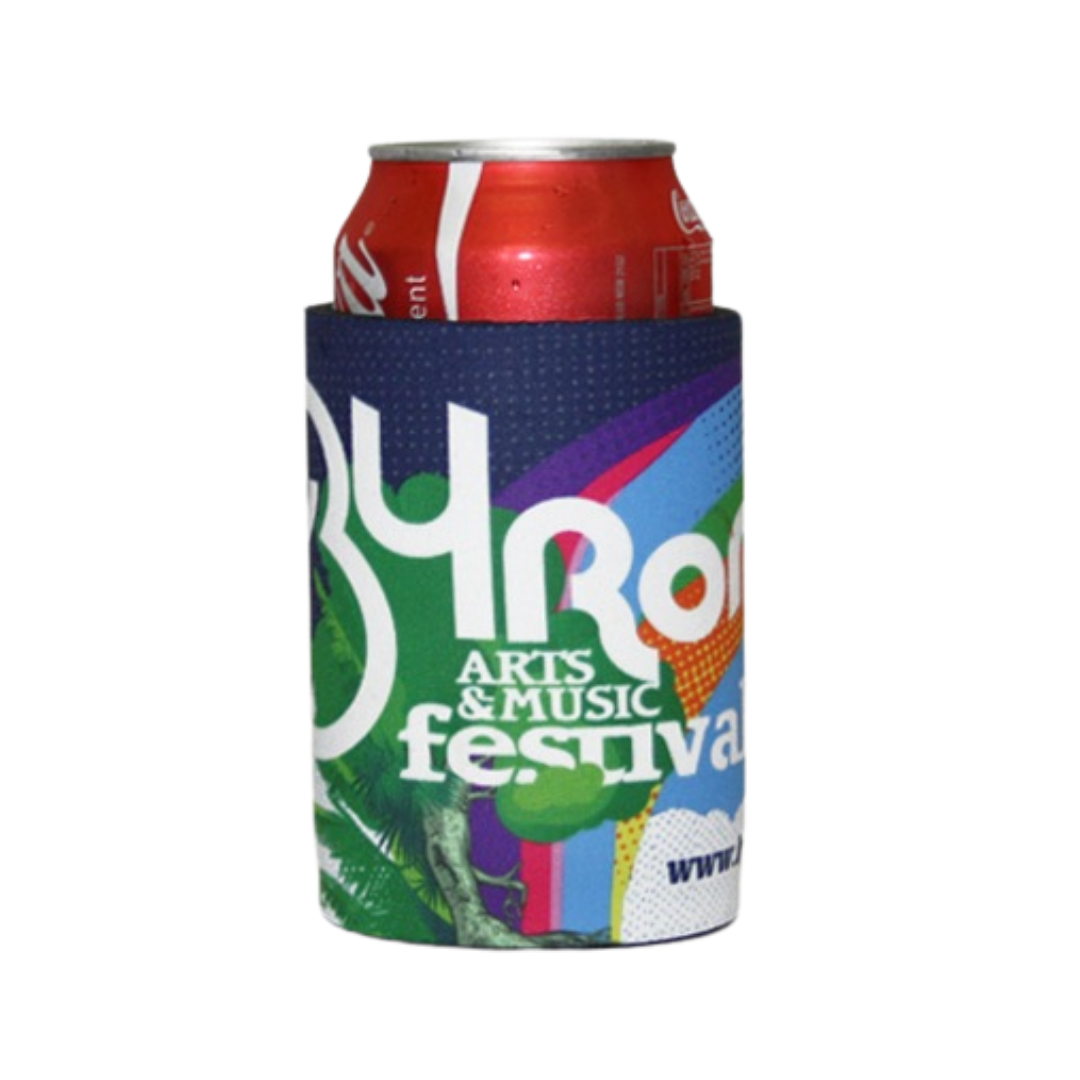A red soda can in a colorful Melbourne Cup Promotional Stubby Cooler.