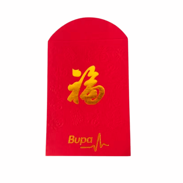 Promotional New Year Red Envelopes with gold 福 and Bupa logo, ideal for festive gifting.