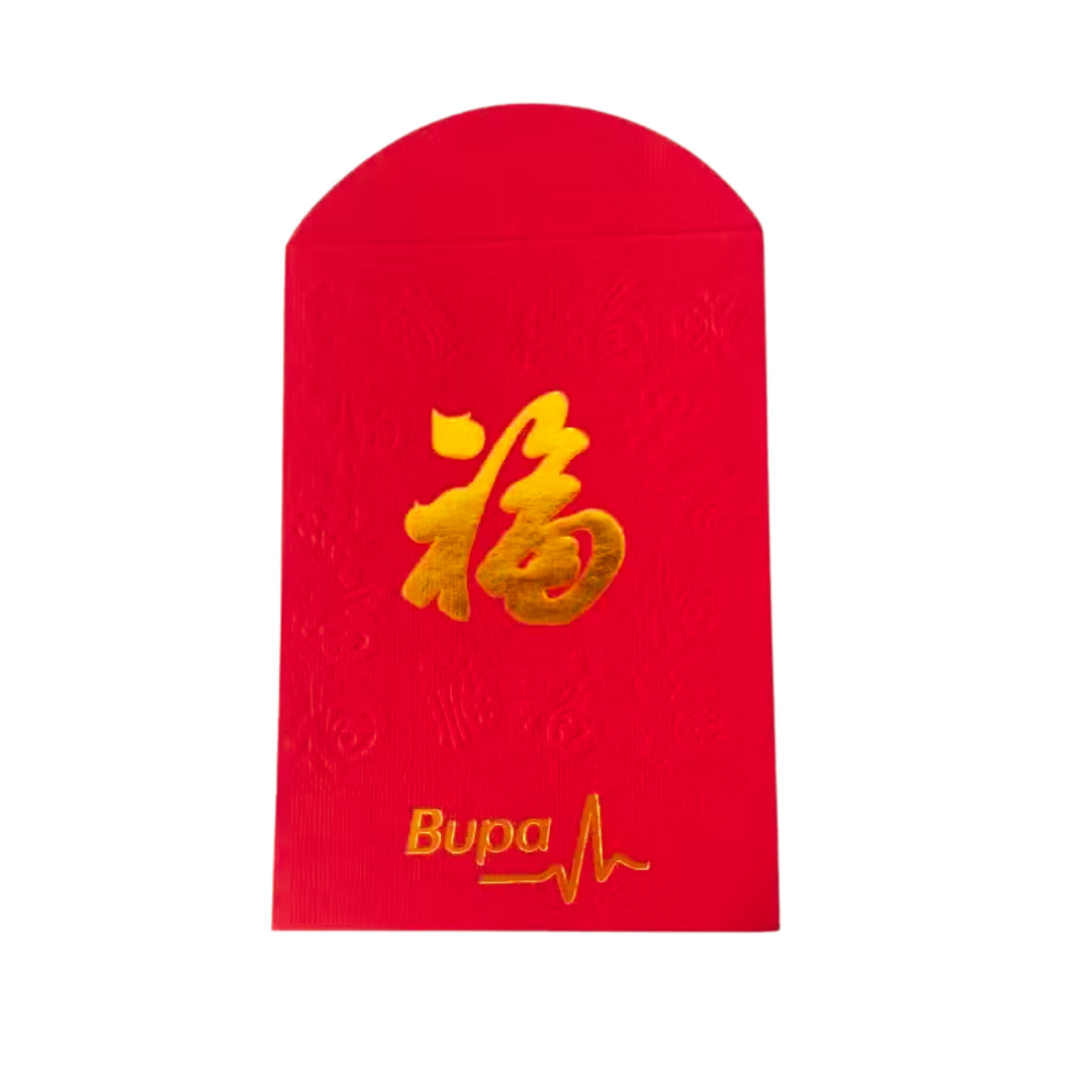 Promotional New Year Red Envelopes with gold 福 and Bupa logo, ideal for festive gifting.