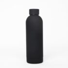 A plain black water bottle with a lid against a white background.