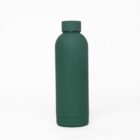 A dark green reusable water bottle with a screw-on lid on a white background.