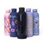Five colorful water bottles with playful designs, including pumpkins, skulls, and an astronaut.