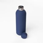 A blue reusable water bottle with its cap placed beside it on a white surface.