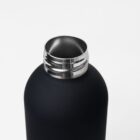 A black stainless steel water bottle with an open, silver metal mouth.