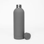 Gray reusable water bottle with a detached cap, set against a plain white background.