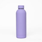 A plain lavender-colored water bottle standing upright on a white background.