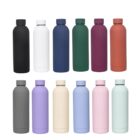 Twelve reusable water bottles in different solid colors arranged in two rows.