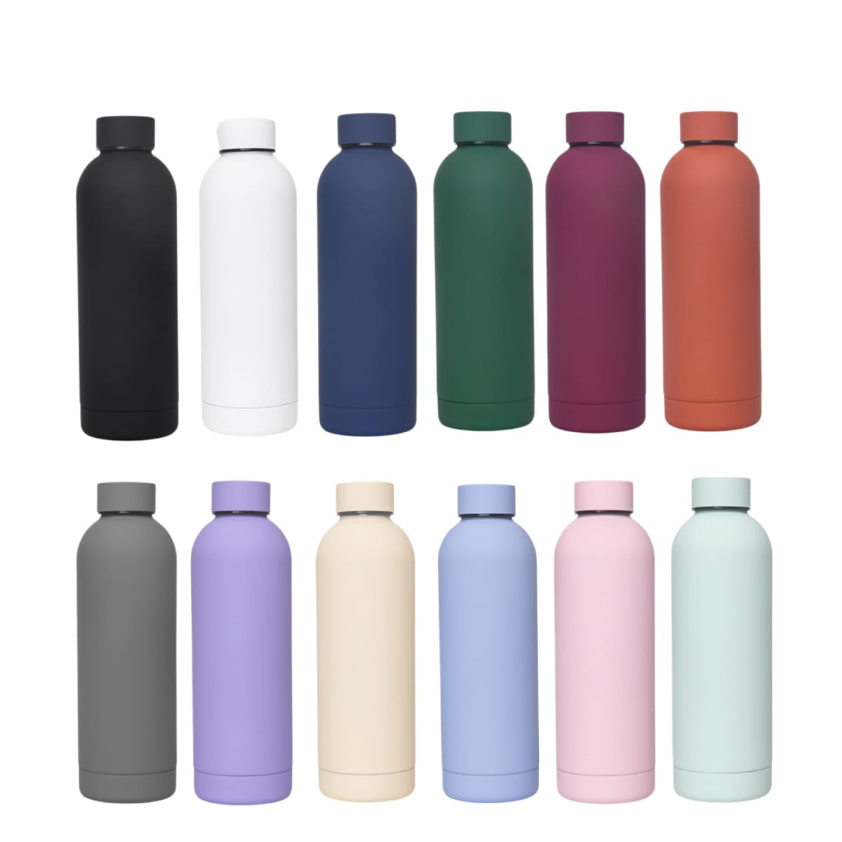 Twelve reusable water bottles in different solid colors arranged in two rows.