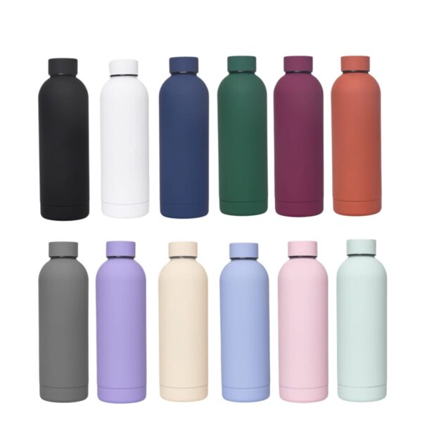 Twelve reusable bottles in various solid colors arranged in two rows.