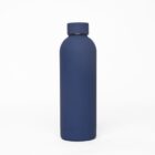 A plain, dark blue reusable water bottle against a white background.