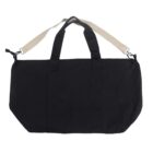 Black duffel bag with beige adjustable shoulder strap and two black handles.