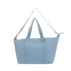 Light blue tote bag with dual handles and an adjustable beige shoulder strap.